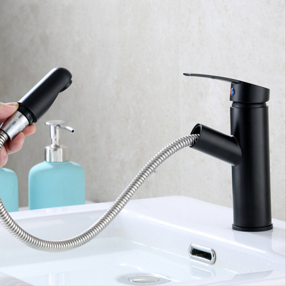 (Black) 360 Bathroom Basin Mixer Tap Pull Out Rotate Spout Spray Brass Faucet G1/2