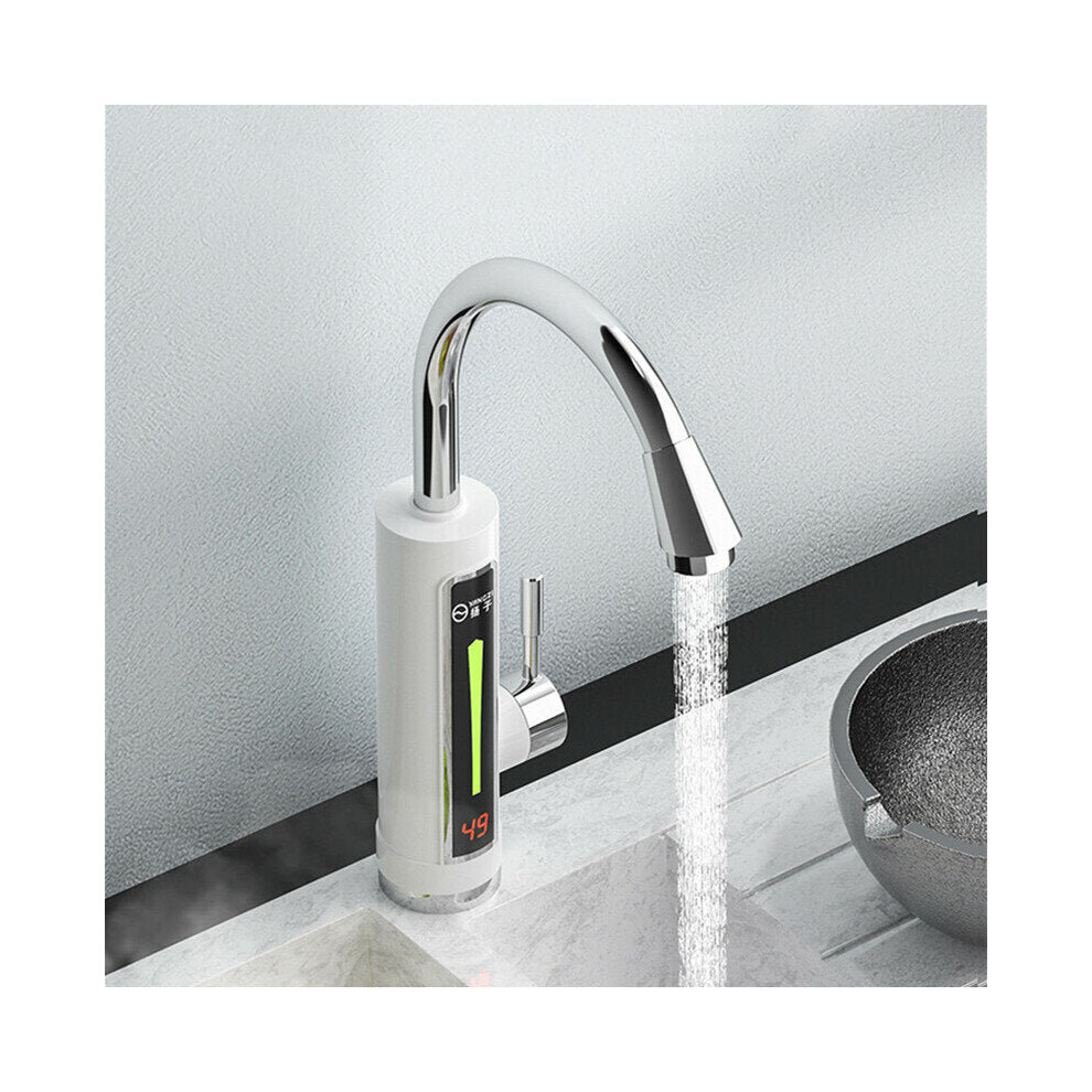 (White, With Leakage Protector) 3300W Electric Hot Water Heater Faucet LED Ambient Light Temperature Display Instant Heating Tap