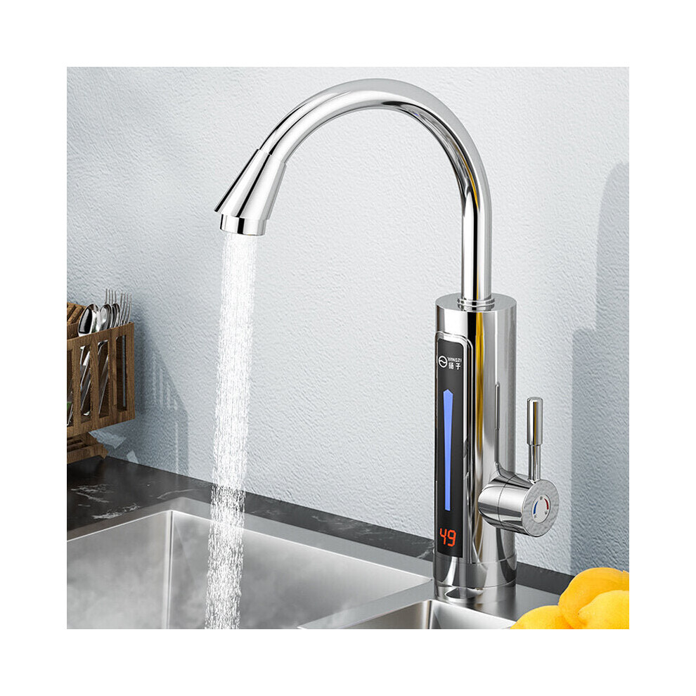 (Silver, Without Leakage Protector) 3300W Electric Hot Water Heater Faucet LED Ambient Light Temperature Display Instant Heating Tap