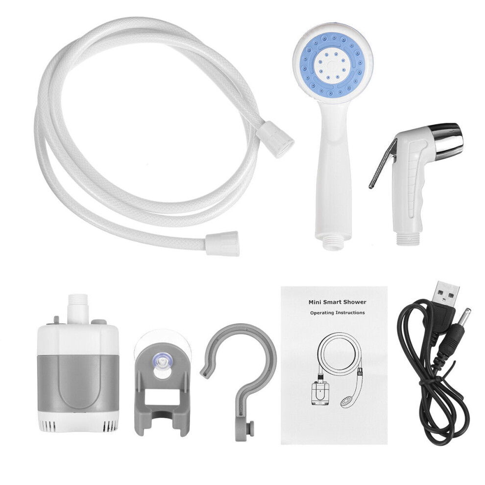 (Grey + white) Portable Camping Shower Pump Handheld Outdoor Head Hiking