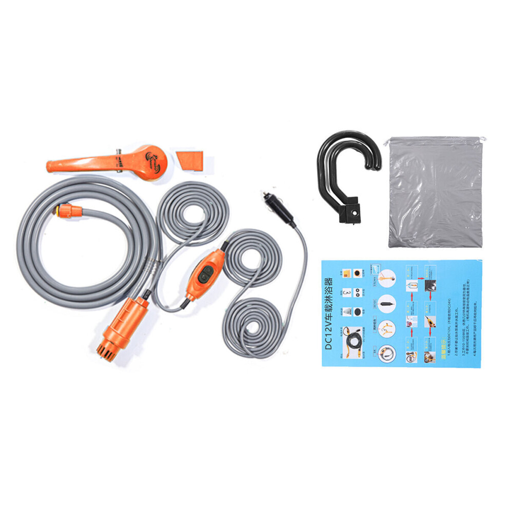 (Orange) Portable 12V Car Water Shower Pump Set For Travel Trip Camp RV Caravan Boat Kit