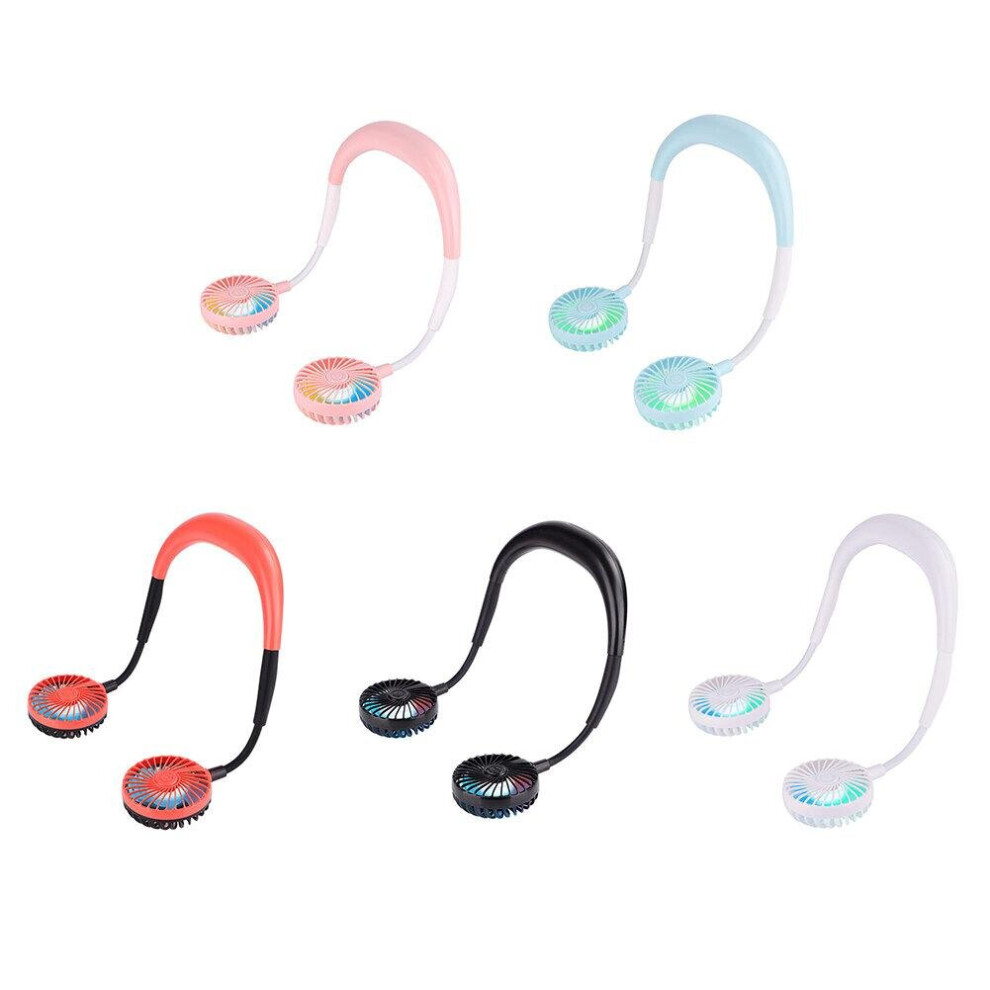 (Girl powder) Hands-free Neck Fan Rechargeable Mini USB Personal Fan LED Colorful Lights Earphone Design Wearable 360 Rotation Three-speed Adjustable Neck Fan