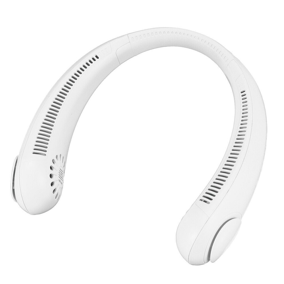 (White) 2400mAh Portable USB Rechargeable Neckband Sport Neck Hanging Dual Leafless Fan Outdoor Camping Travel