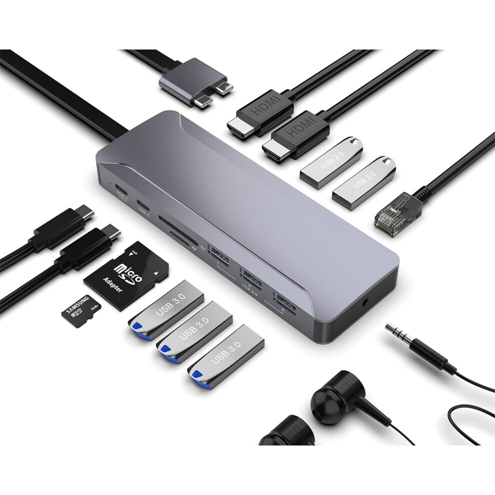 15 Port USB Hub 3.0 Alumimum Dual Type-C Hub Adapter with 3.5mm Audio JackRJ45 Network Port