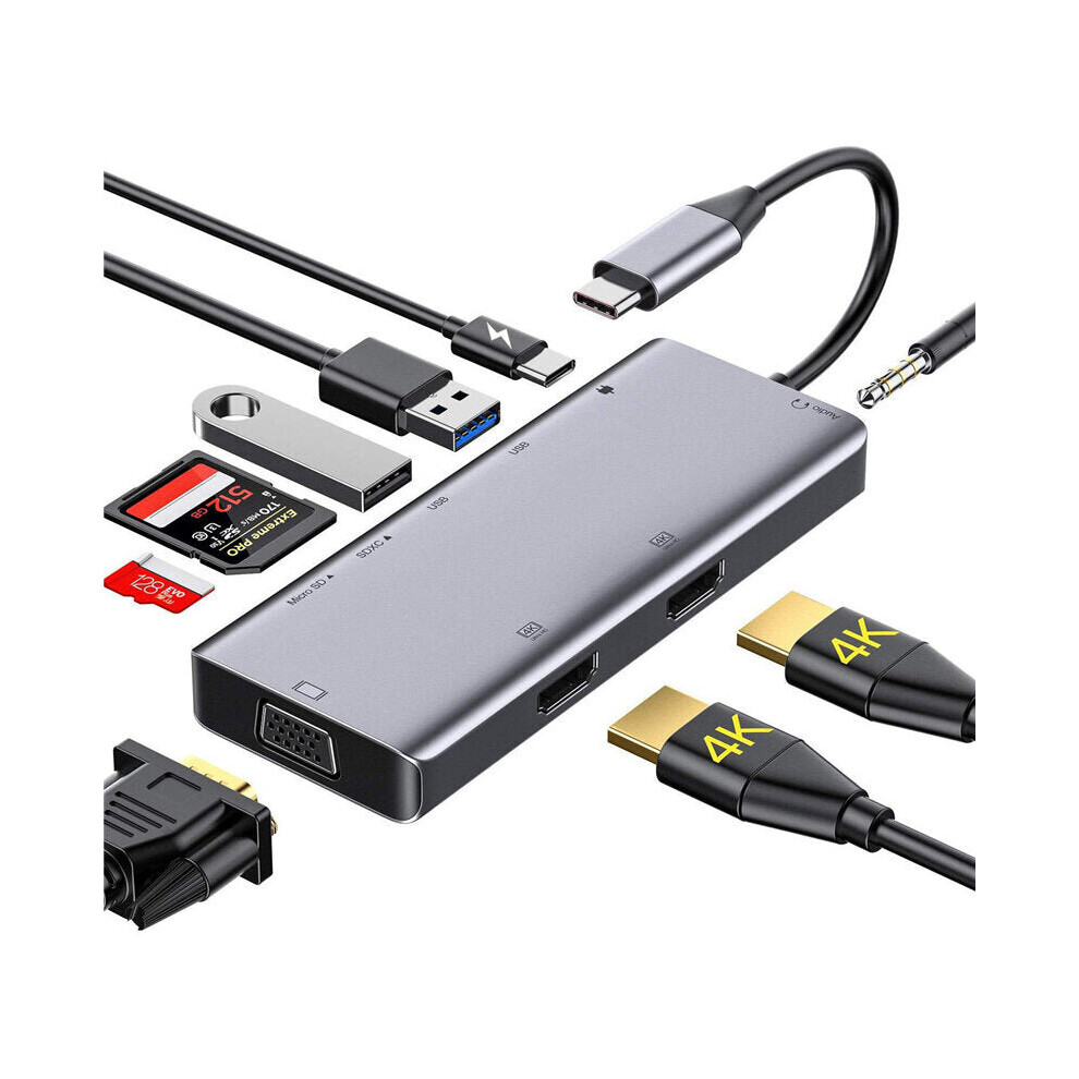 9-In-1 Triple Display USB-C HUB Docking Station Adapter With 4K@30Hz HD Display 1080P VGA 87W USB-C Power Delivery