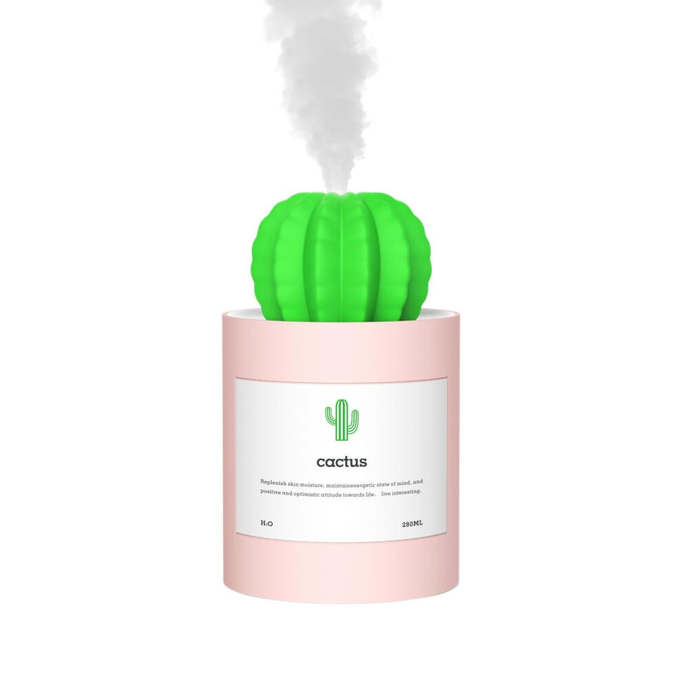 (Pink) USB Port 280ML Mini Cactus Shape Air Purifier Cool Mist Humidifier for Car Home Office