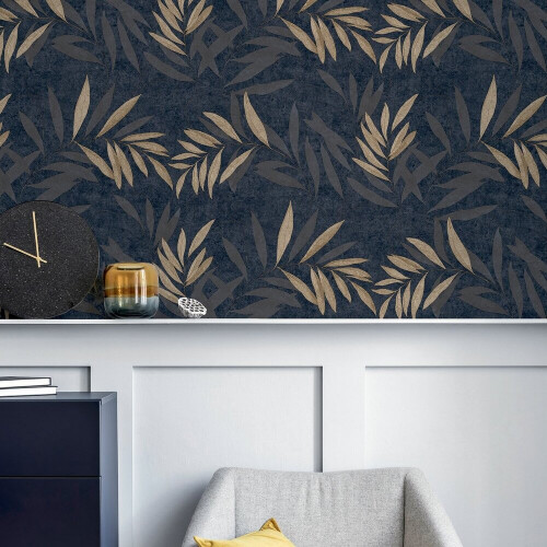 Arthouse Arthouse Luxury Leaf Navy Champagne Wallpaper 299301 2