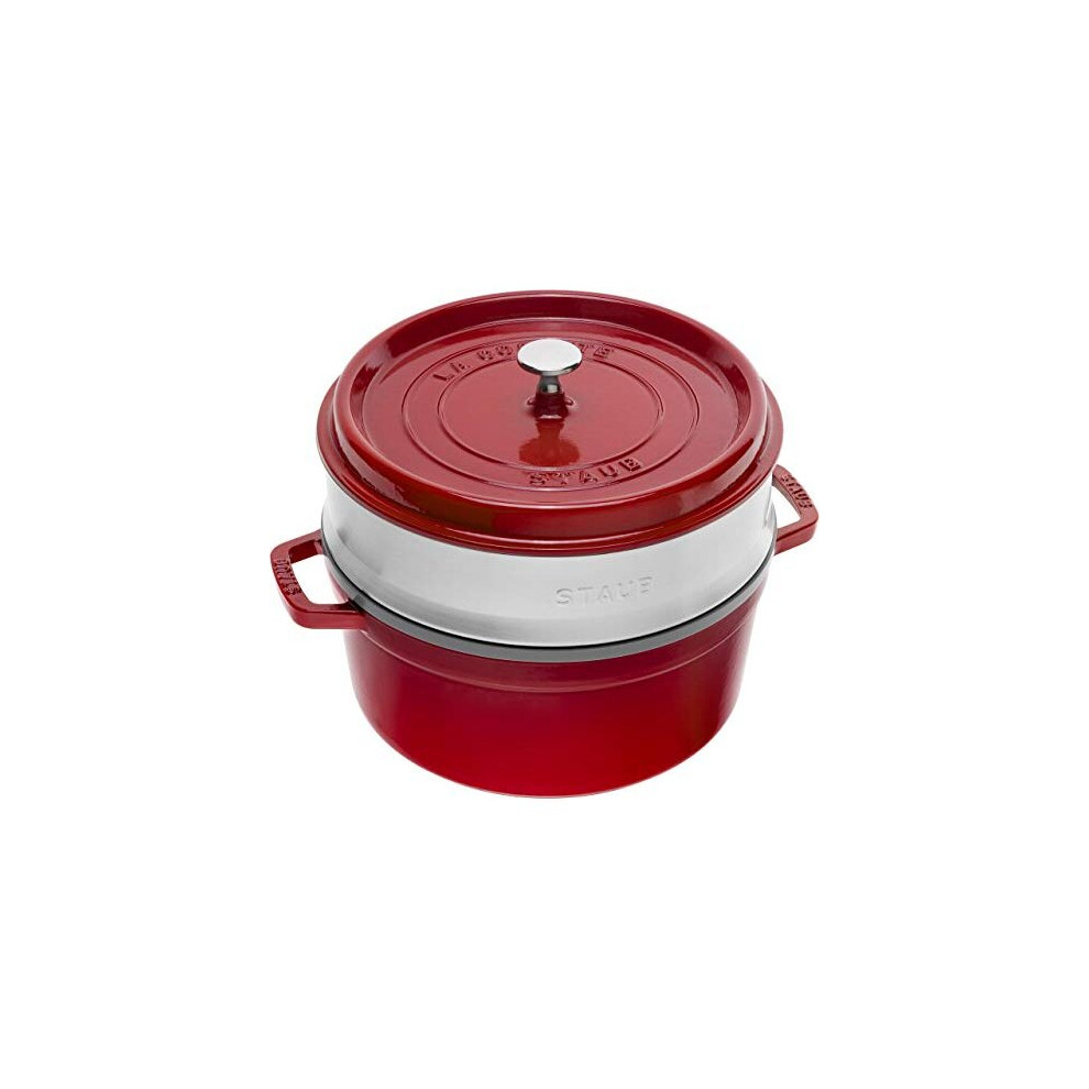 Staub 1004352 Cast Iron Roaster/Cocotte, With Steam Insert, Round 26 cm, 5.2 L, With Matte Black Enamel Inside the Pot, Cherry Red