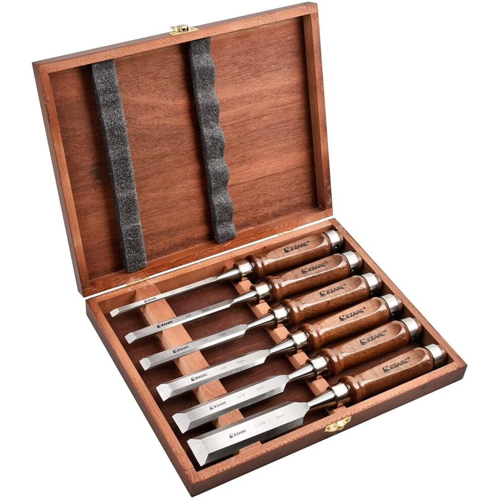 EZARC 6pc Wood Chisel Set for Woodworking - CRV Steel with Black Walnut Handle in Wood Storage Box