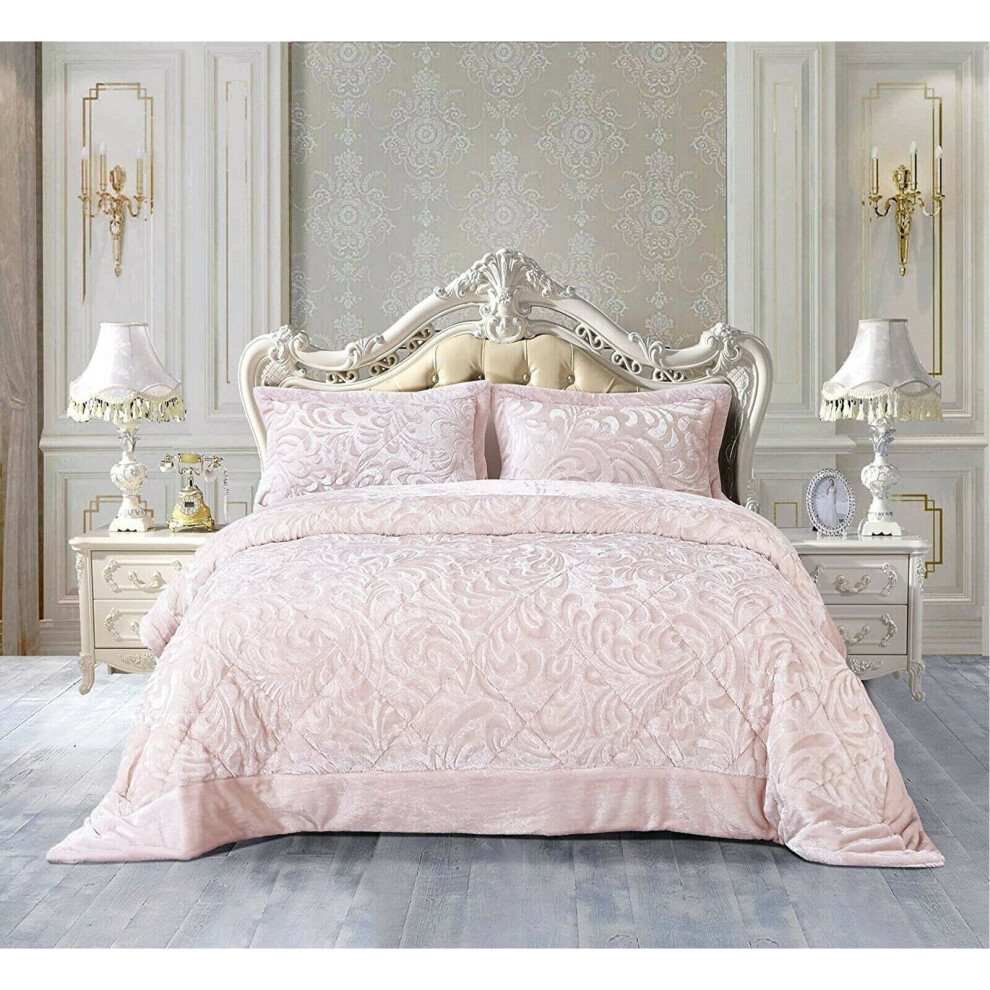 (Pink, King) 3PCs Embossed Modern Teddy Fleece Velvet Bedspread