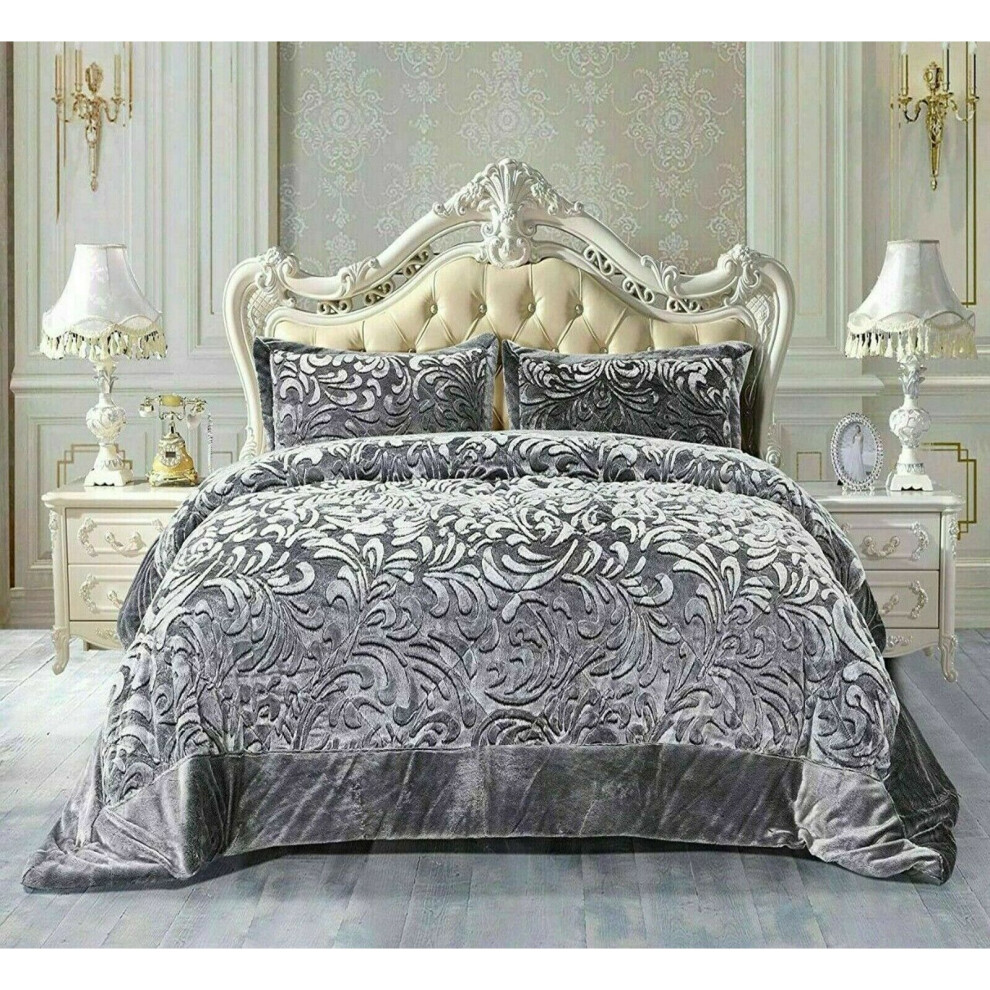 (Grey, Double) 3PCs Embossed Modern Teddy Fleece Velvet Bedspread