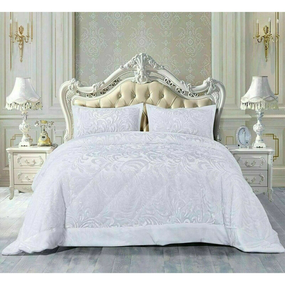 (White , Super King) 3PCs Embossed Modern Teddy Fleece Velvet Bedspread