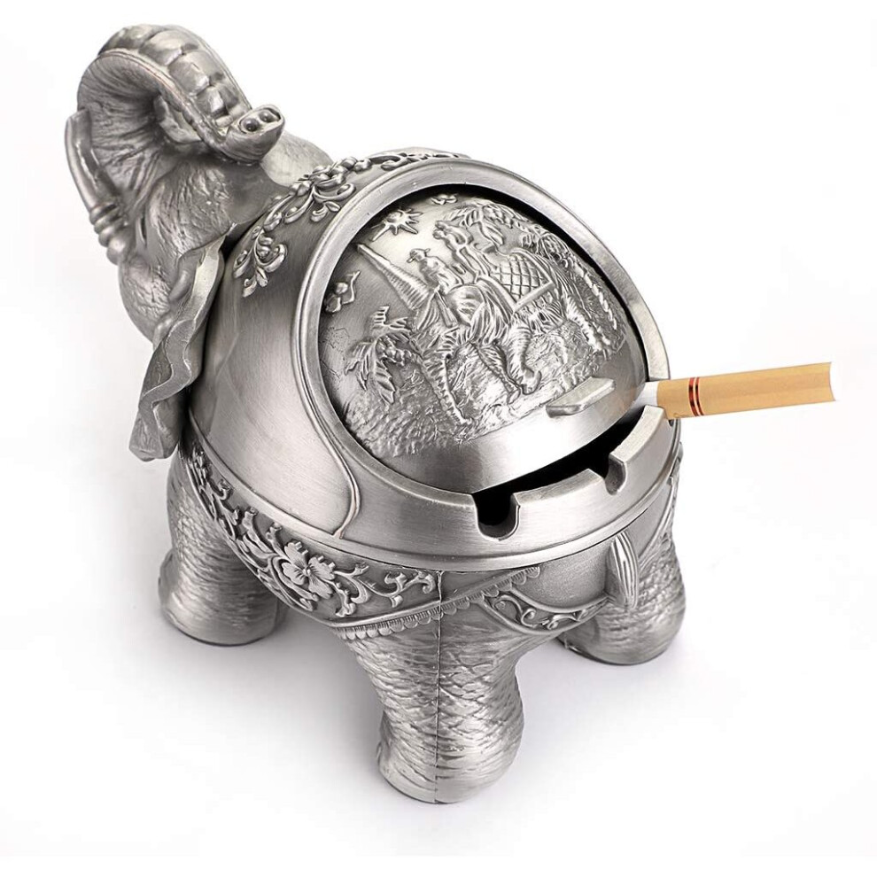 Bstkey Vintage Windproof Ashtray With Lids - Retro Elephant Modeling Tabletop Ashtray Cigarette Cigar Ash Holder For Outdoor And Indoor Use, Retro Silver