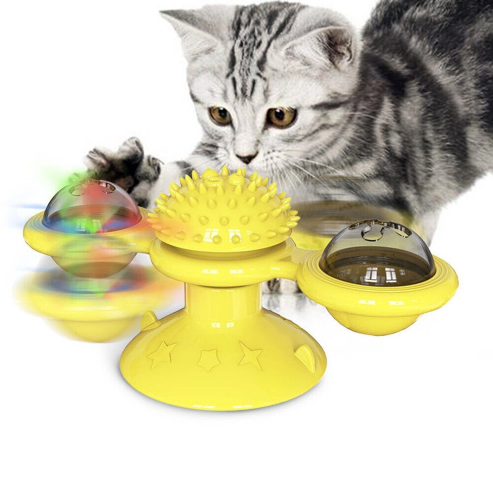 (Yellow) Pet Interactive Puzzle Training Cat Toy Turn Around Windmill Turntable With LED Ball And Catnip Ball Tease Pet toy Scratching itching Cat Bru