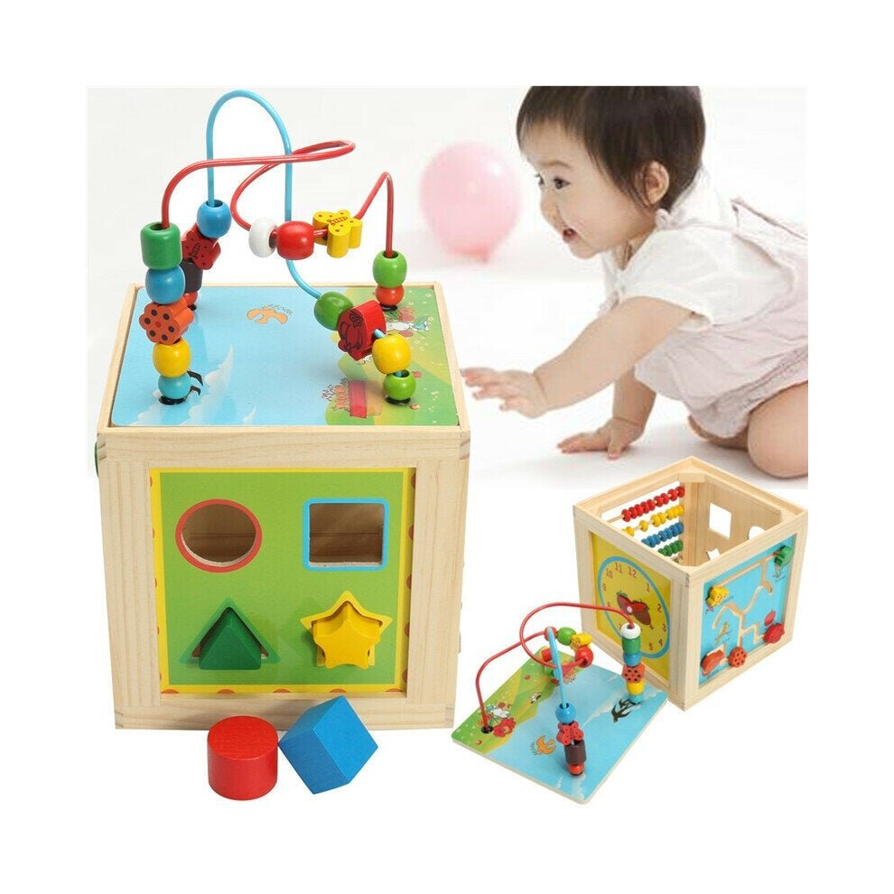 5 in 1 Kids Multi Function Colourful Wooden Activity Cube Toys Puzzle Bead Maze