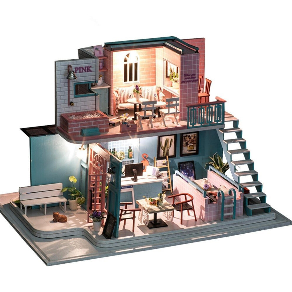 Pink Cafe House 30*19*22CM DIY Doll House With Furniture Light Cover Gift Toy