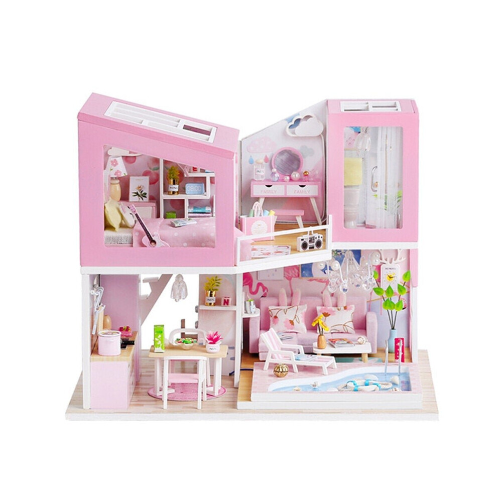 1:24 DIY Handmake Assembly Doll House Miniature Furniture Kit with LED Light Toy for Kids Birthday Gift Home Decoration