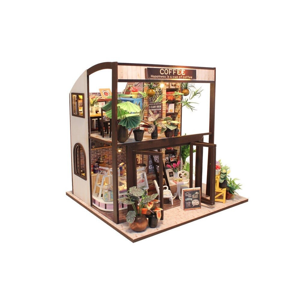 Handcraft DIY Doll House Time Cafe House Wooden Miniature Furniture LED Light Gift