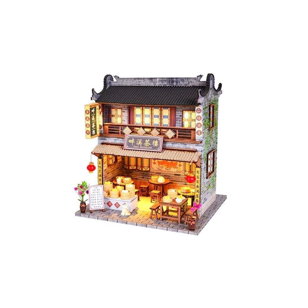 DIY Wooden With Furniture LED Light Kits Miniature Chinese Teahouse Building Model Puzzle Toy Festival Gift