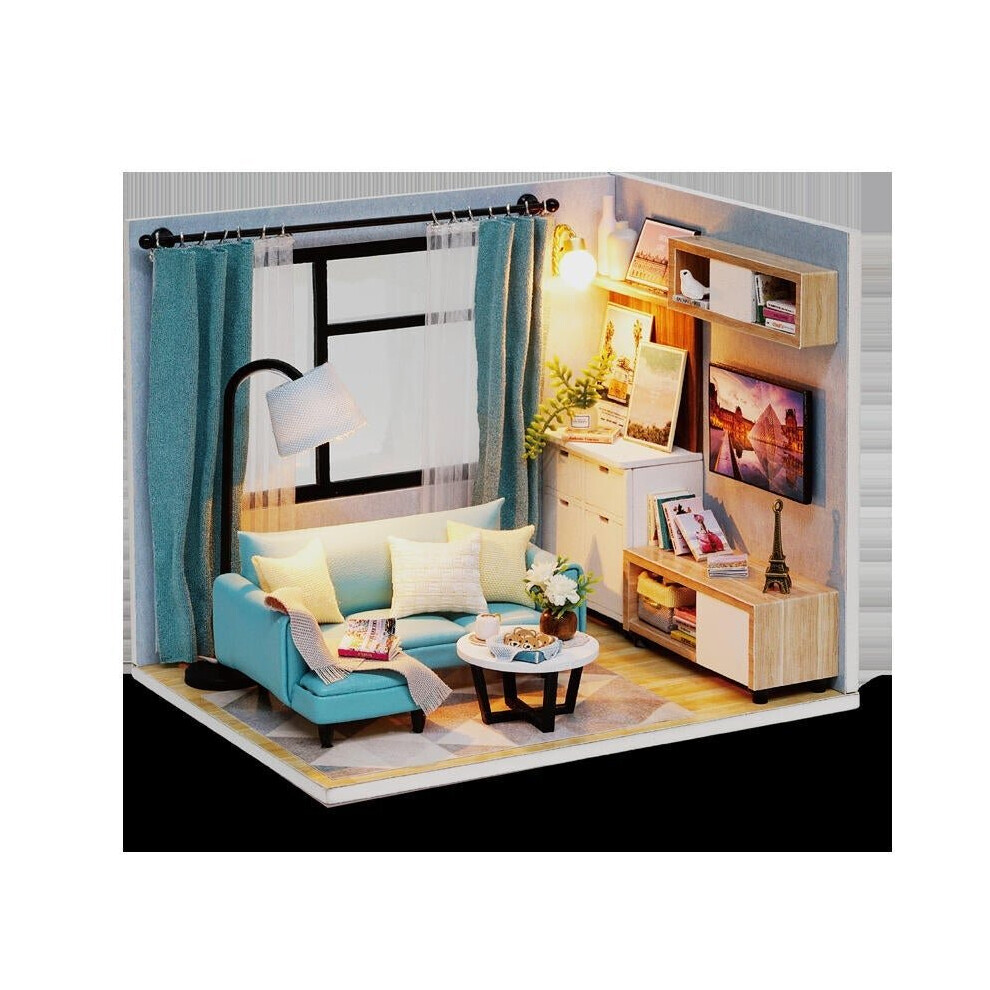 () Happiness Time Living Room Corner DIY Doll House With Furniture Music Light Cover Miniature Model Gift Decor