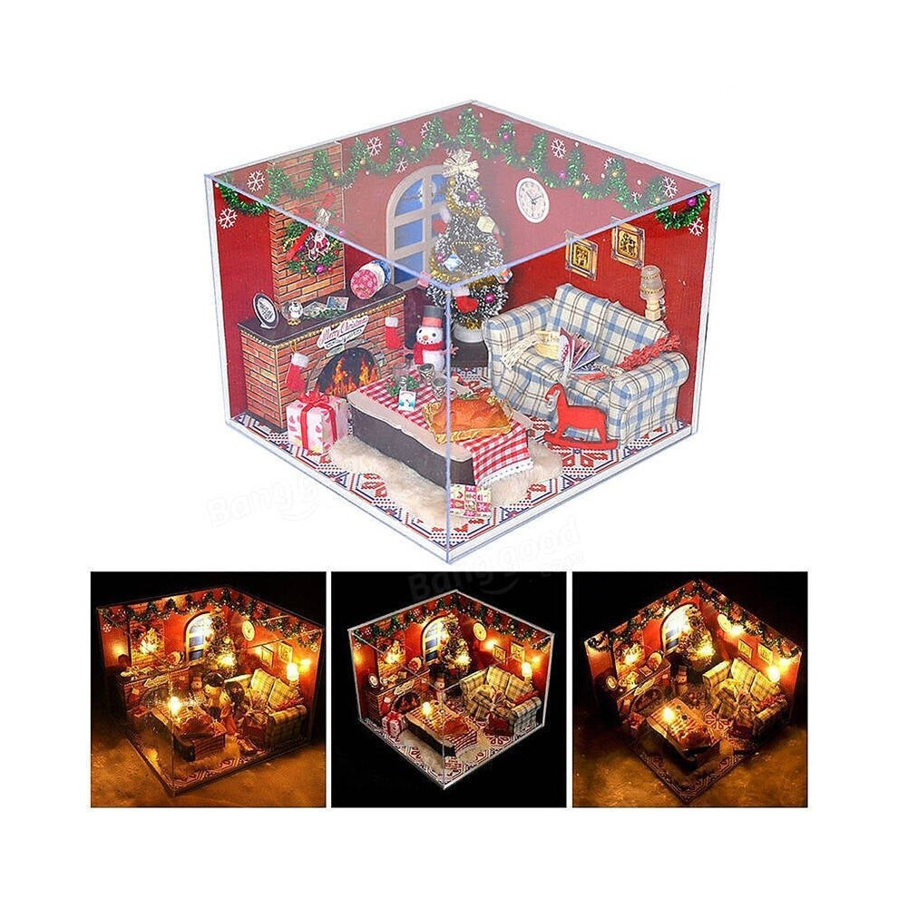 DIY Wooden Doll House Furniture Kits LED Light Miniature Christmas Room Puzzle Toy Gift Decor