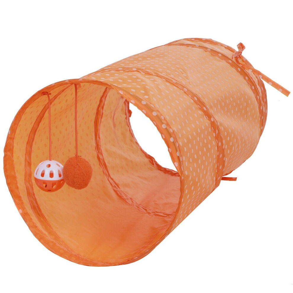 (Orange) Collapsible Training Pet Cat Tunnel Toy with Bell And Plush Ball 2 Ways Tube