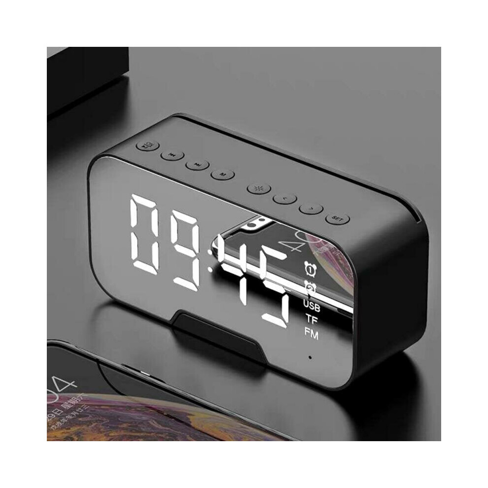 (Black) Wireless bluetooth Clock Speaker Radio LED Mirror Alarm Subwoofer Music Player Snooze Desktop with FM