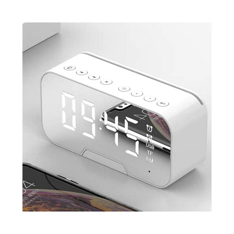 (White) Wireless bluetooth Clock Speaker Radio LED Mirror Alarm Subwoofer Music Player Snooze Desktop with FM