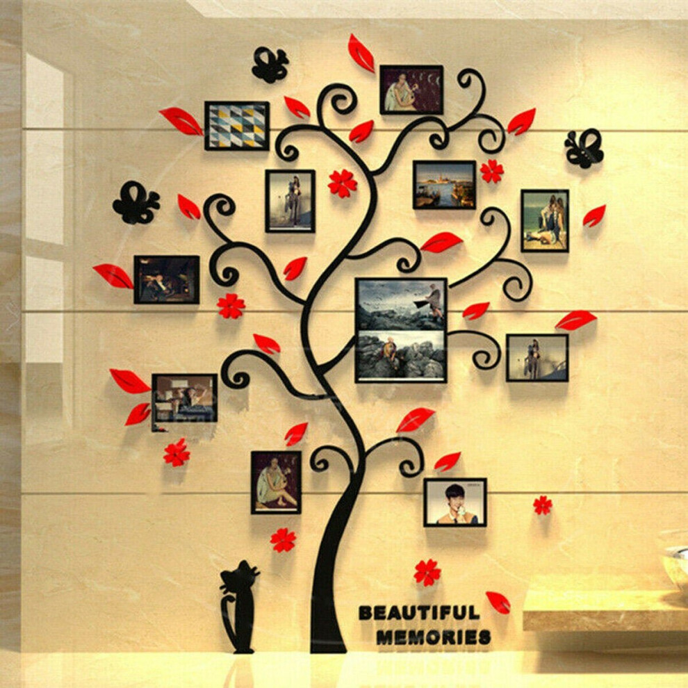 (Red, L) Photo Picture Frame Family Tree 3D Acrylic Home Wall Sticker Removable Decoration