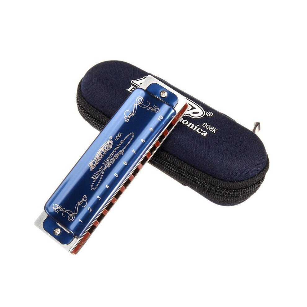 (F) 10 Hole Blues Harmonica Tone C Blue Color For Beginner