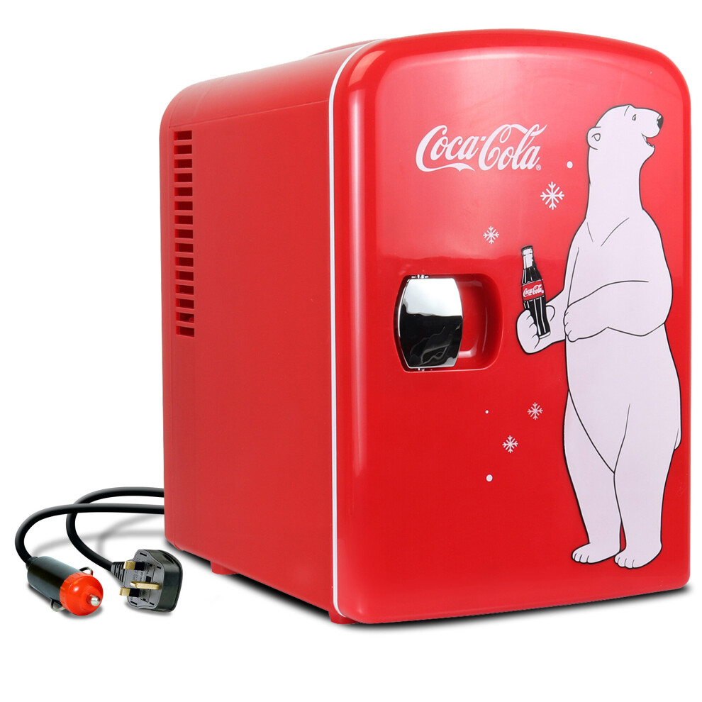 Coca Cola Mini Fridge Polar Bear Portable Fridge/Mini Cooler for Food, Beverages, Skincare, Office, Dorm, Car, Boat-AC & DC Plugs Included, Red- 4L