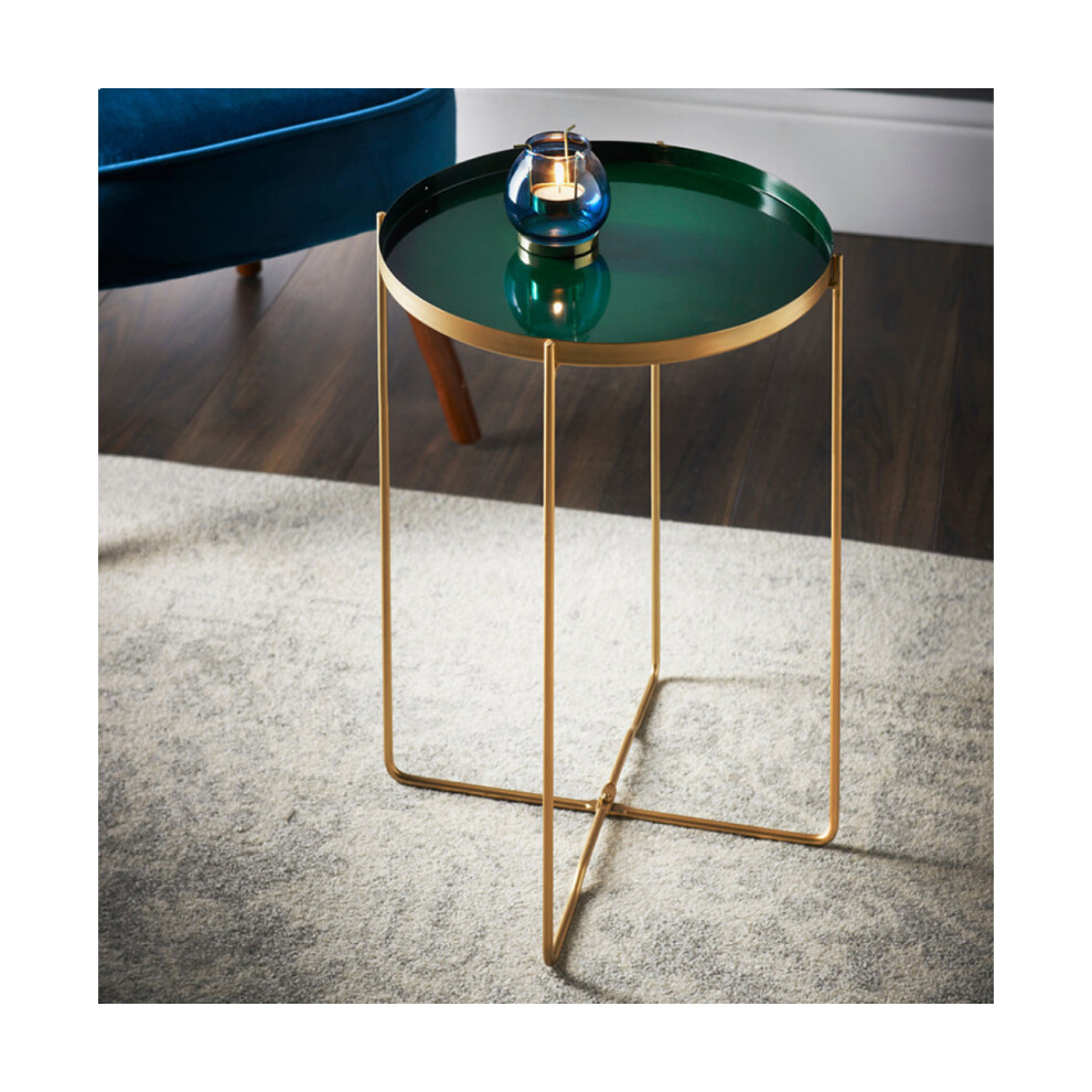 Round Side Removable Dark Green Tray With GOLD Legs Bedside End Table