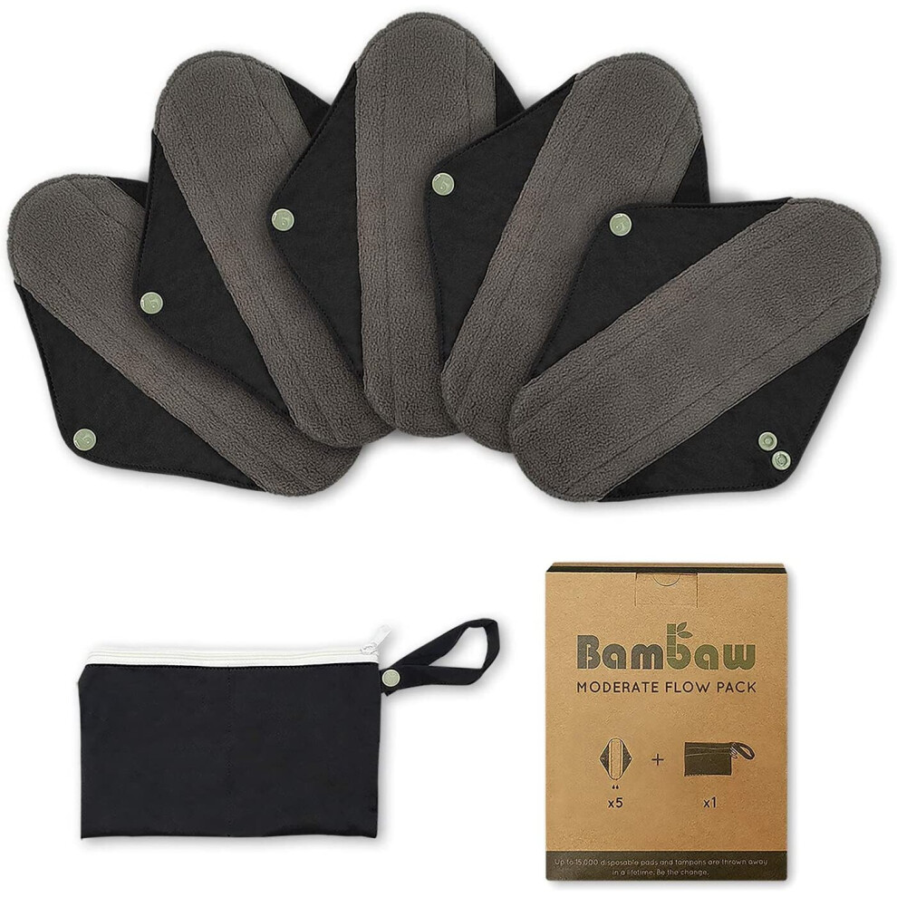 Bambaw Reusable Menstrual Pads With Discreet Pouch | Medium Flow Bamboo Sanitary Pads | Zero Waste And Environmentally Friendly | Reusable Sanitary Towels |