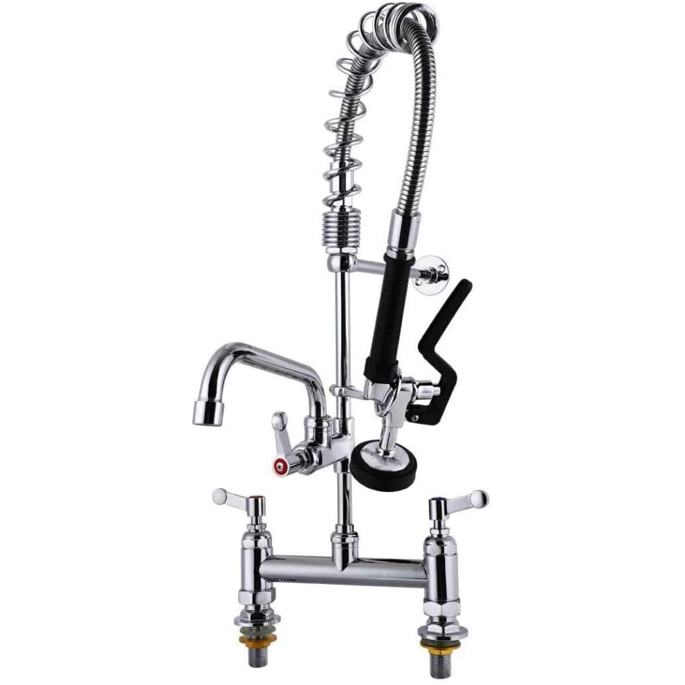 Commercial Pre-Rinse Kitchen Sink Taps with Pull Down Sprayer 7 Inch Center Mixer Faucets Dish Washing Brass Constructed Polished Chrome 7"Center Deck