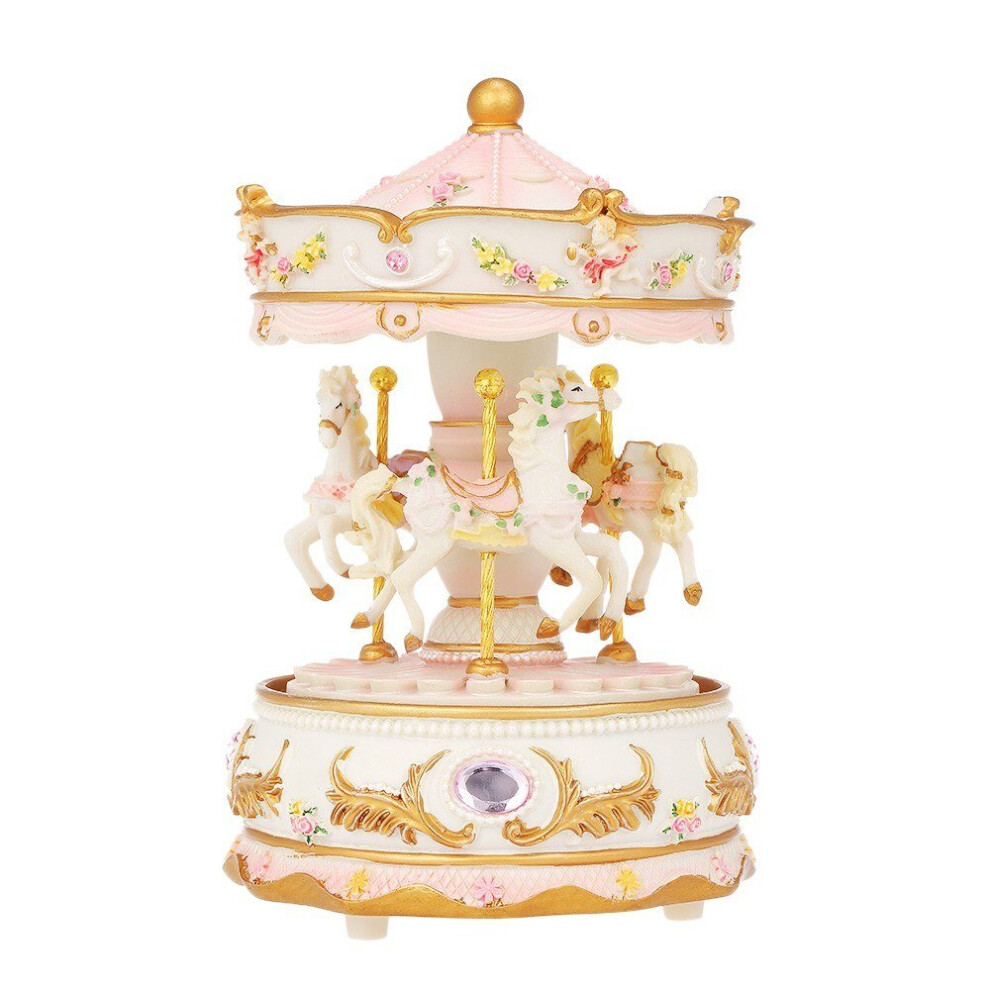 (Pink) Mini Carousel Clockwork Castle in the Sky Music Box Colorful LED Merry-go-round Musical Gift