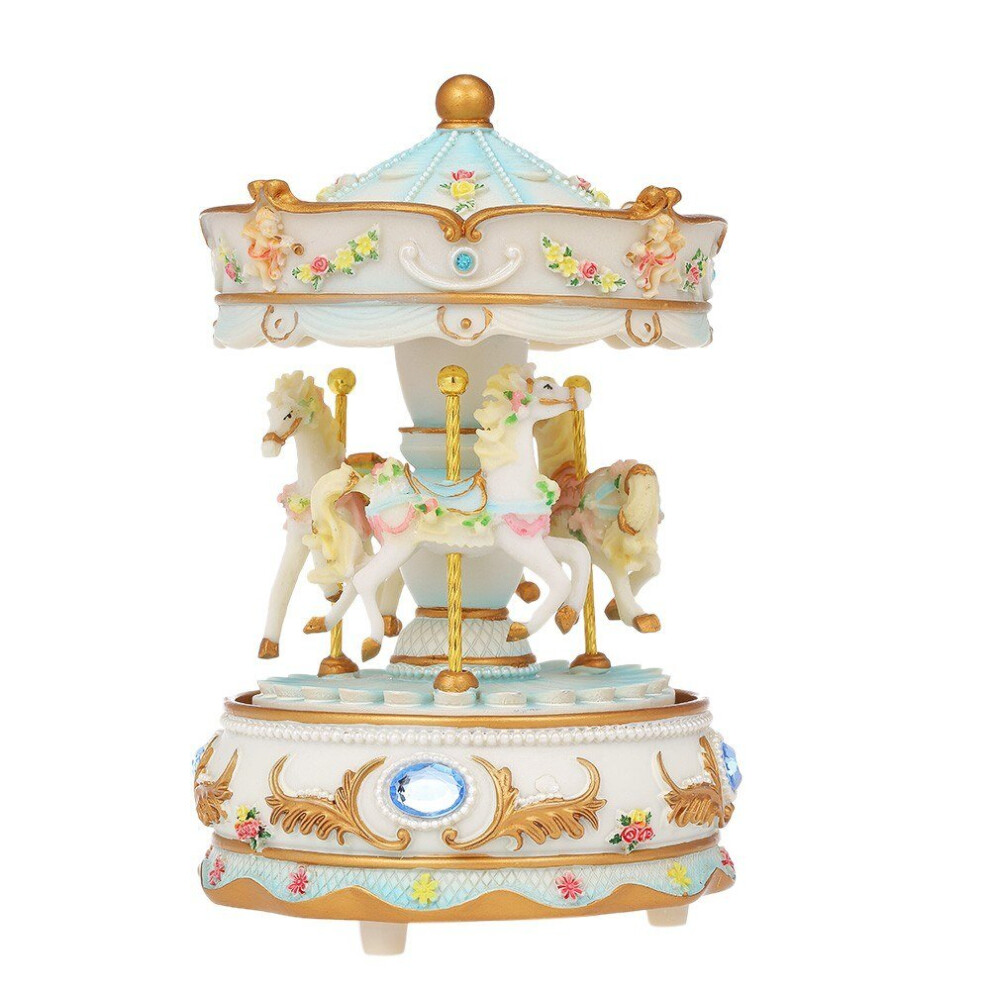 (Blue) Mini Carousel Clockwork Castle in the Sky Music Box Colorful LED Merry-go-round Musical Gift