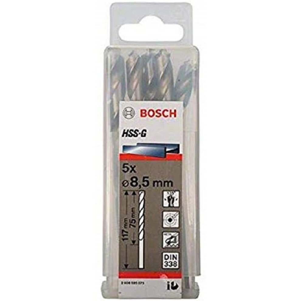 Bosch 2608595073 Din338 HSS-G Metal Drill Bit, 8.5mm x 75mm x 117mm, Silver