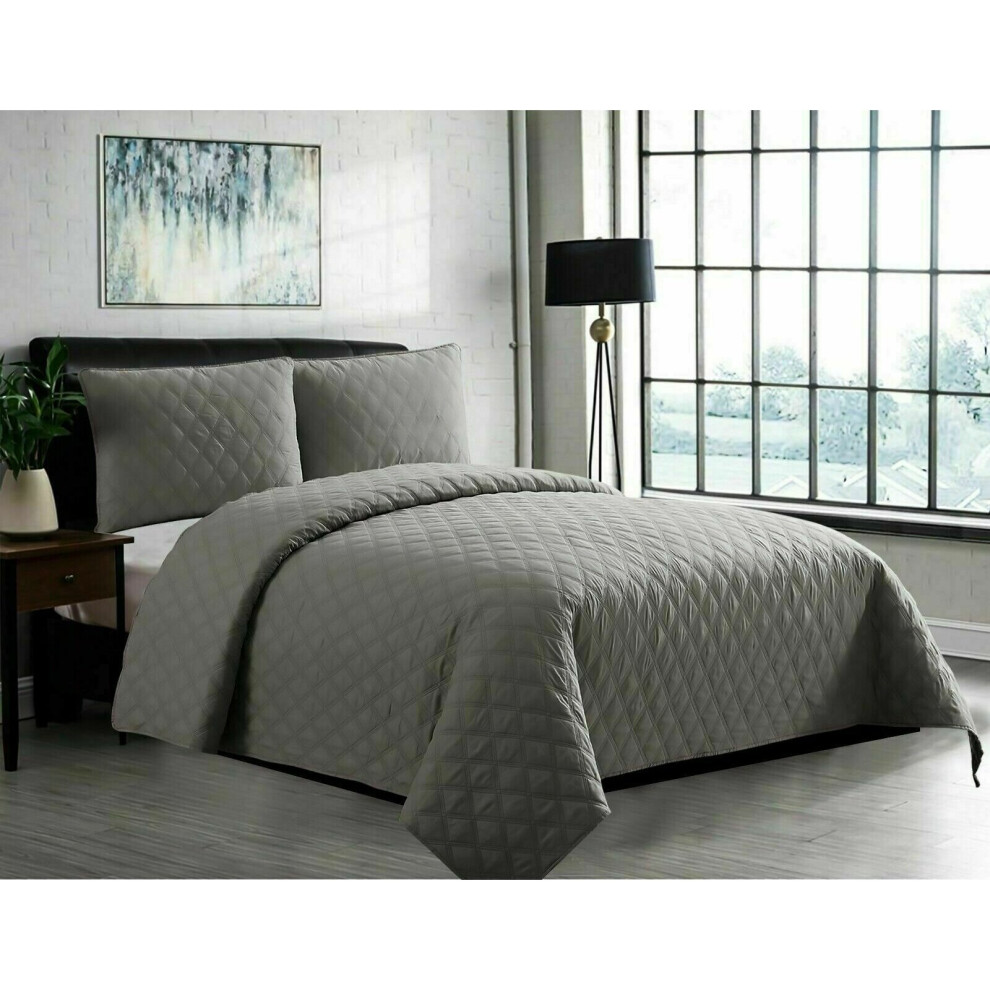 (Grey, Single) Luxury Quilted 3PC INSP Bedspread/Thrw