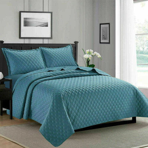 (Blue, Super King) Luxury Quilted 3PC INSP Bedspread/Thrw