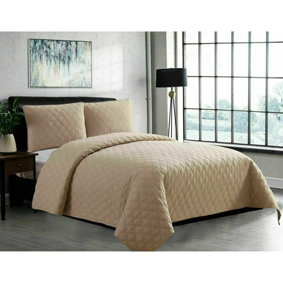 (Beige , Super King) Luxury Quilted 3PC INSP Bedspread/Thrw