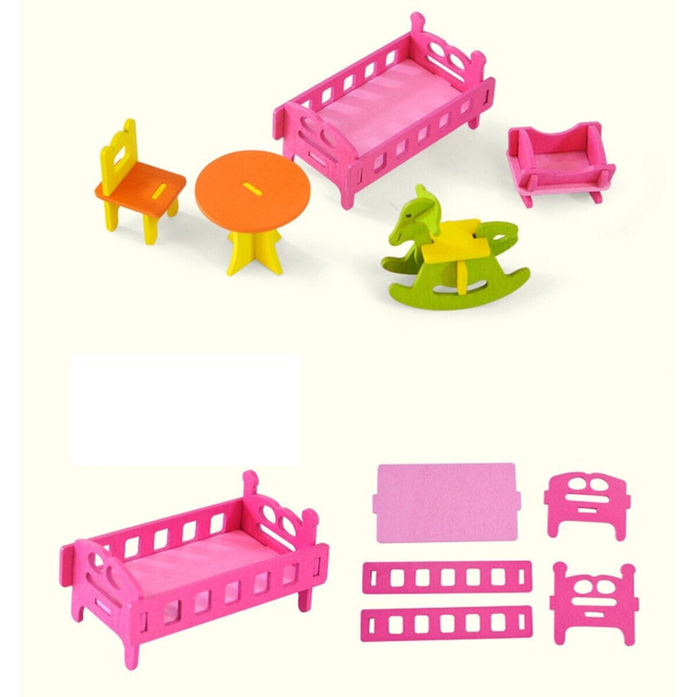 () Wooden Colorful DIY Assembly Doll House Furniture Kit Early Educational Learning Toys for Kids Gift