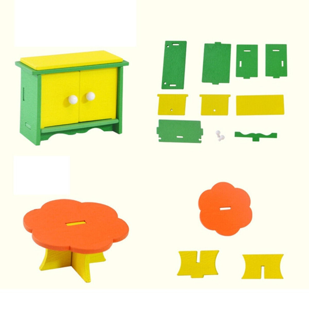 () Wooden Colorful DIY Assembly Doll House Furniture Kit Early Educational Learning Toys for Kids Gift