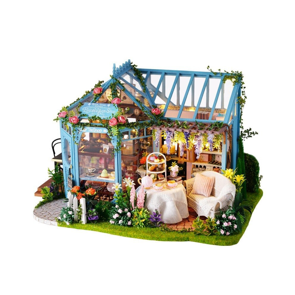 DIY Cabin Rose Garden Tea House Handmade Doll House Model With Dust Cover Music Motor