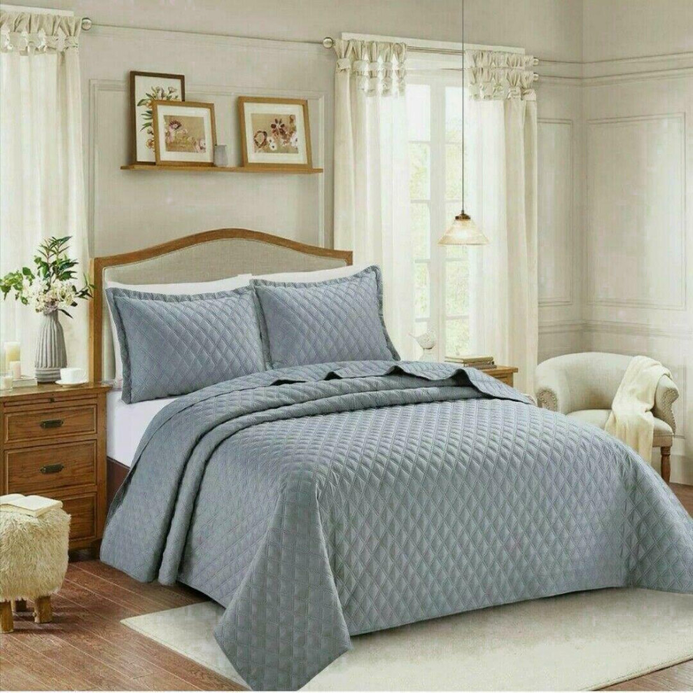 (Silver , King) Luxury Quilted 3PC INSP Bedspread/Thrw