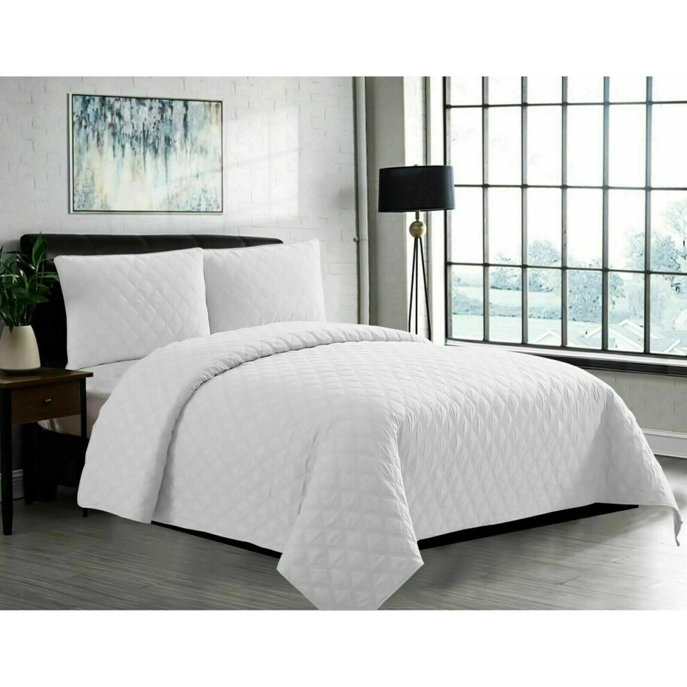 (White, Super King) Luxury Quilted 3PC INSP Bedspread/Thrw