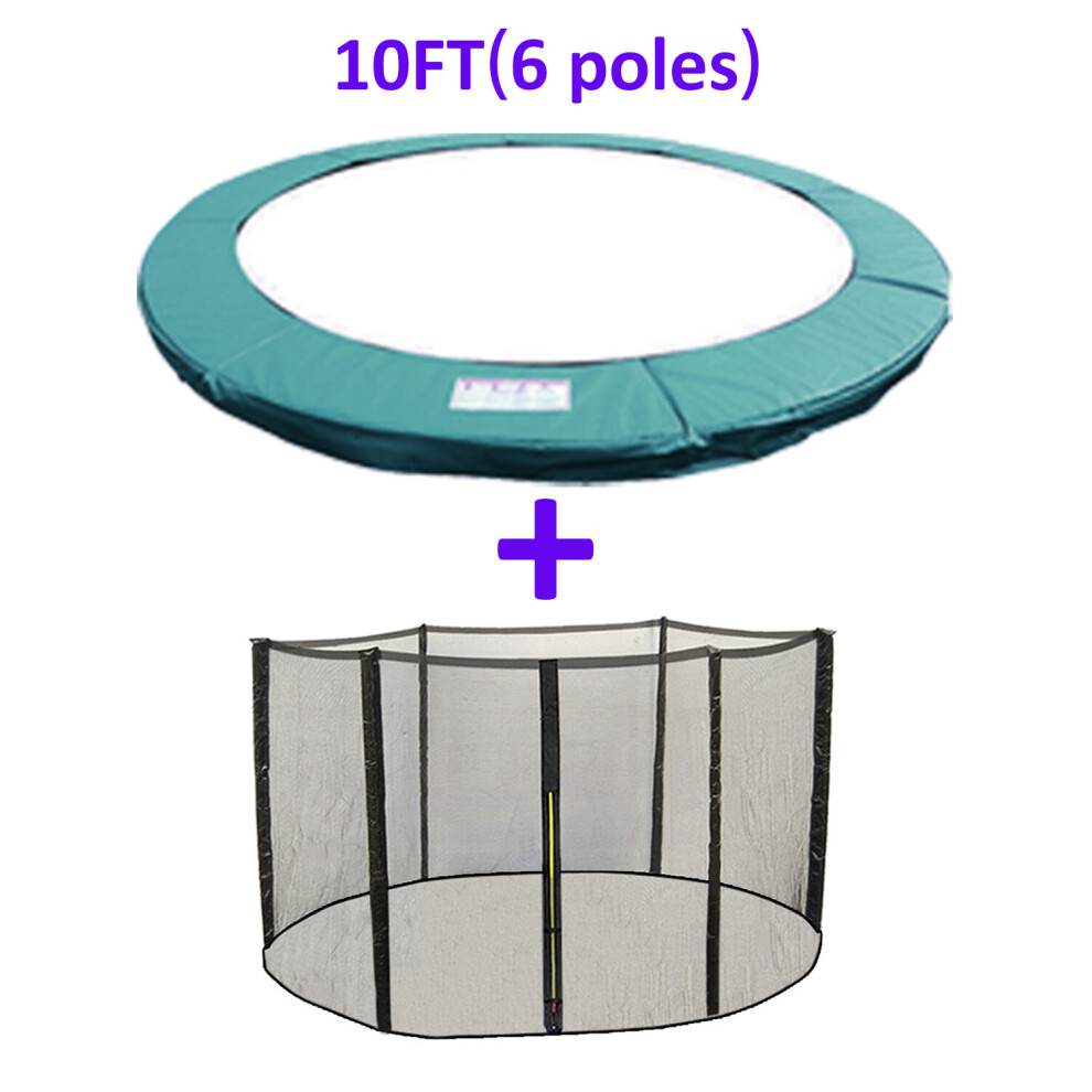 (10FT - 6 Pole, Green) Greenbay Trampoline Replacement Safety Spring Cover Padding Pads + Safety Net Enclosure Surround Bundle