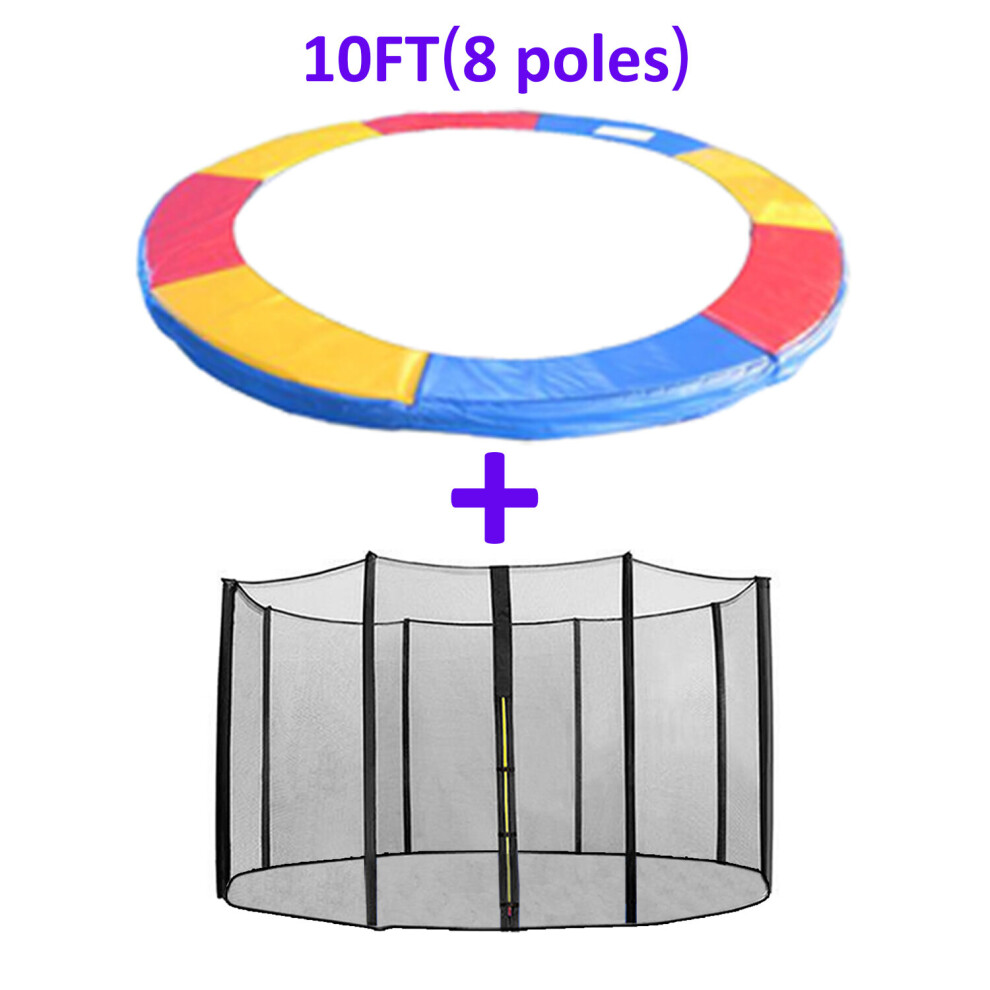 Green Bay (10Ft - 8 Pole, Tri-Colour) Greenbay Trampoline Replacement Safety Spring Cover Padding Pads + Safety Net Enclosure Surround Bundle