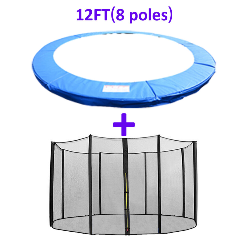 (12FT - 8 Pole, Blue) Greenbay Trampoline Replacement Safety Spring Cover Padding Pads + Safety Net Enclosure Surround Bundle