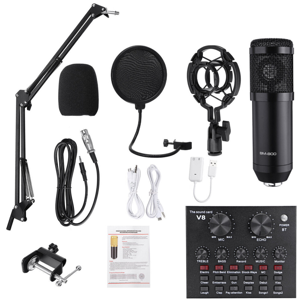 (Gold) Condenser Microphone V8 Sound Card Kit Muti-functional bluetooth for Studio Mobile Phone PC Laptop Recording Live Broadcast