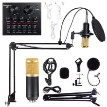 (Gold) 9in1 Condenser Microphone Kit Live Sound Card Stand Shock Mount Professional Mic Set for Broadcast Singing K Songs